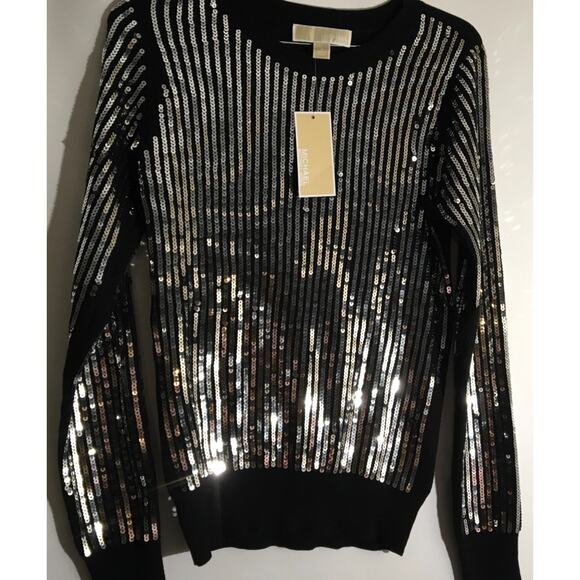 NWT Michael Kors MK Black Knit Silver Sequin Front Sweater Women's Size Small - Picture 2 of 5